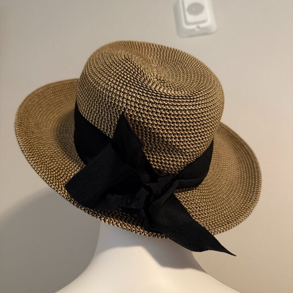 Woven straw hat,black ribbon trim - Picture 2 of 6